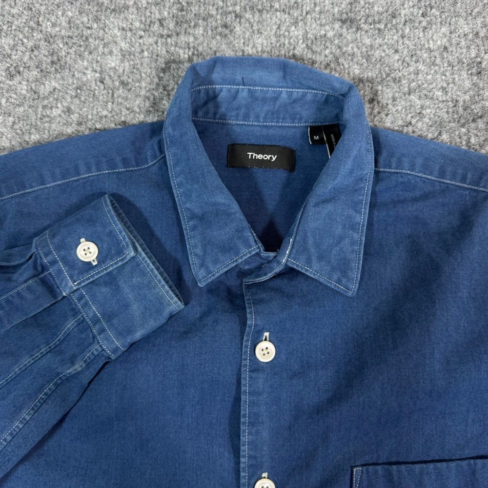 Theory Rammy Curt Denim Button Down Shirt Mens Medium Blue Cotton Long Sleeve